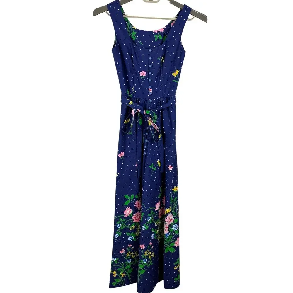 Vintage Chiha Blue Floral Midi Maxi Dress USA polyester/cotton 8 (see measures)